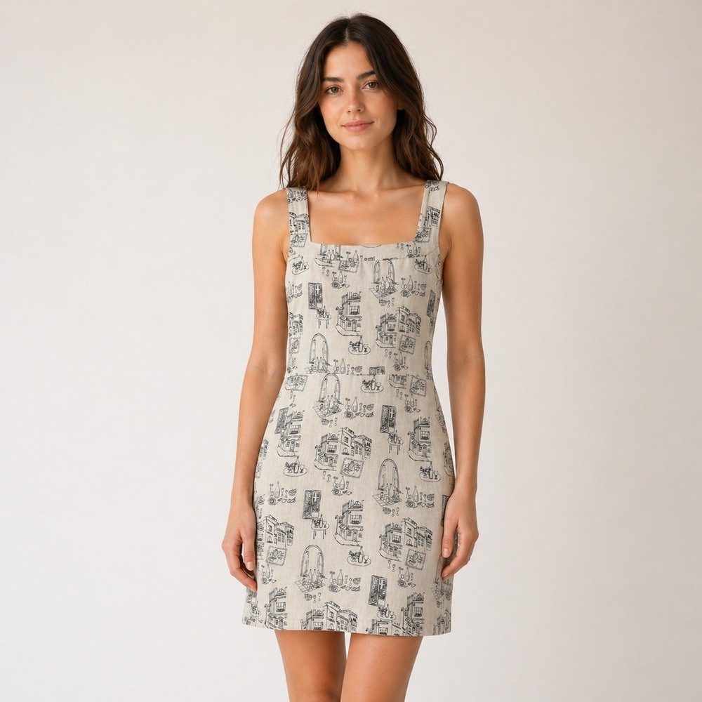 Abercrombie & Fitch Linen Blend Cafe Print Mini Dress Cream XL Square Neck
